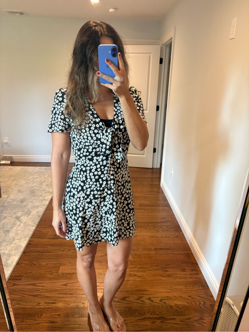 Sezane Black Mini Dress with White Daisy Print